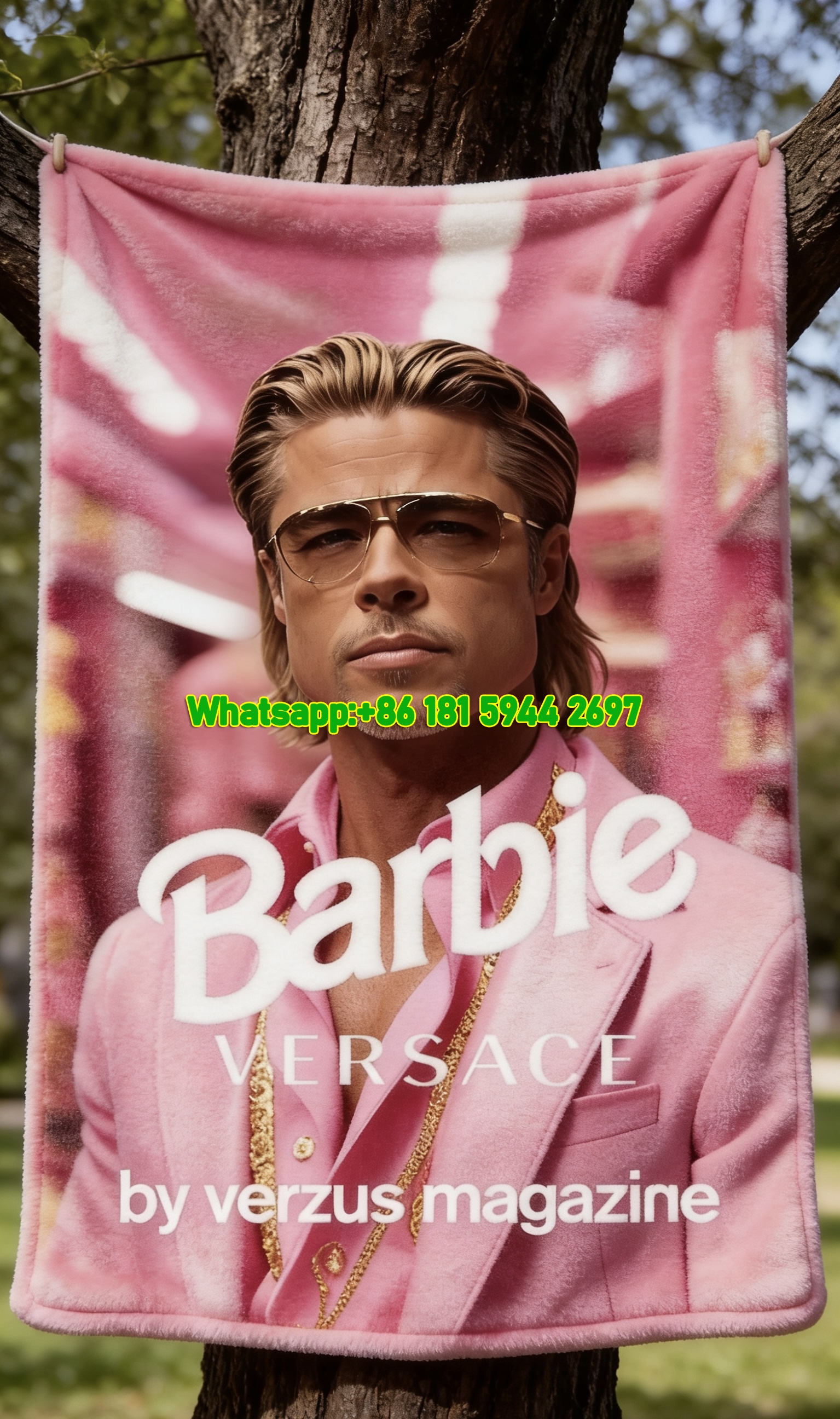 Versace Barbie Brad Pitt Print Hot Pink Gold Flannel Sofa Throw Blanket IMG_1565